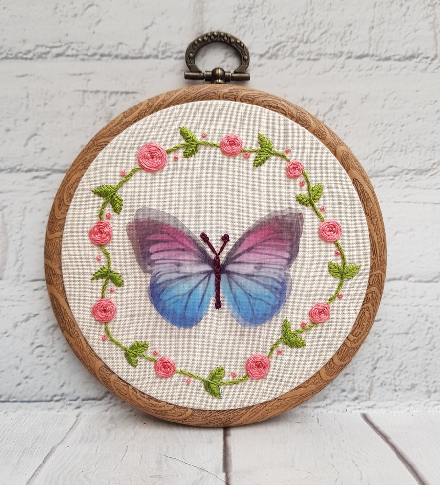 Butterfly Wreath Embroidery Hoop, Flower Embroidery, Butterfly Gift