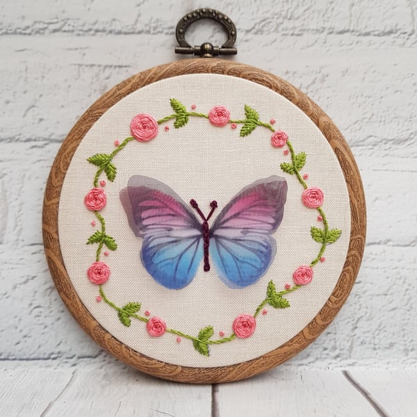 Butterfly Wreath Embroidery Hoop, Flower Embroidery, Butterfly Gift