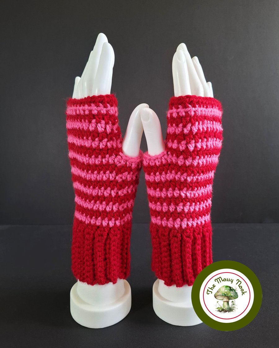 Red and Pink Stripey Fingerless Gloves. Handmade Fingerless Mitts.