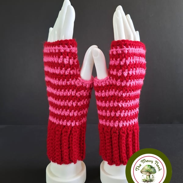 Red and Pink Stripey Fingerless Gloves. Handmade Fingerless Mitts.