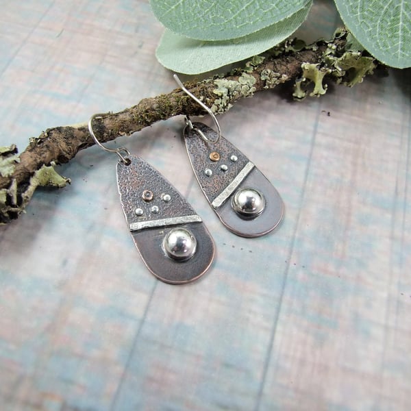 Earrings, Sterling Silver and Copper Teardrop Textured Droppers