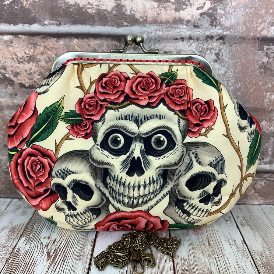 Gothic Skulls and Roses small fabric frame clutch, Purse 