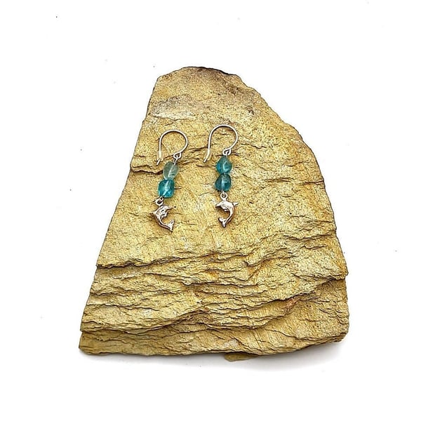 Sterling Silver Dolphin Earrings Handmade with Blue Apatite Gems