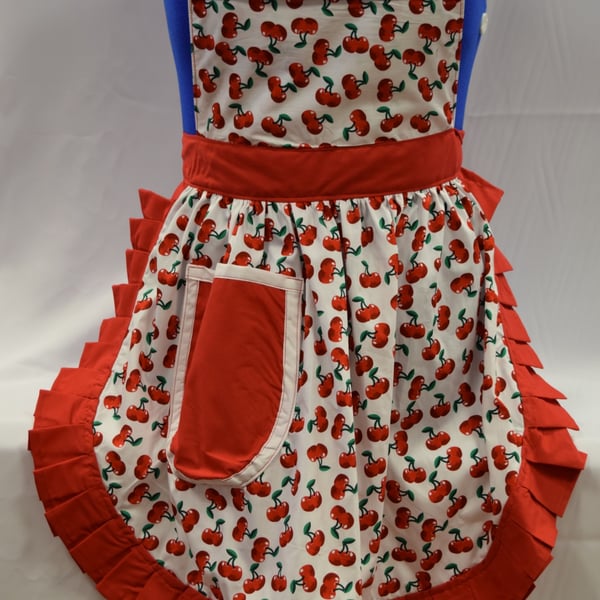 Vintage 50s Style Full Apron Pinny - White & Red - Cherries (Cherry)