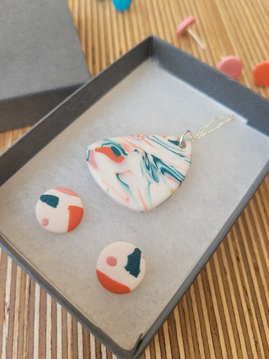 Beautiful Bundle - Polished Pebble Polymer Clay Pendant and Earrings - Graf 2