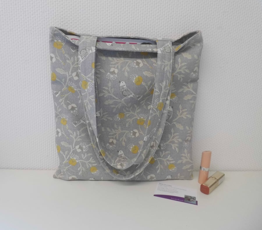 Tote bag long handles grey with birds and yellow blossom