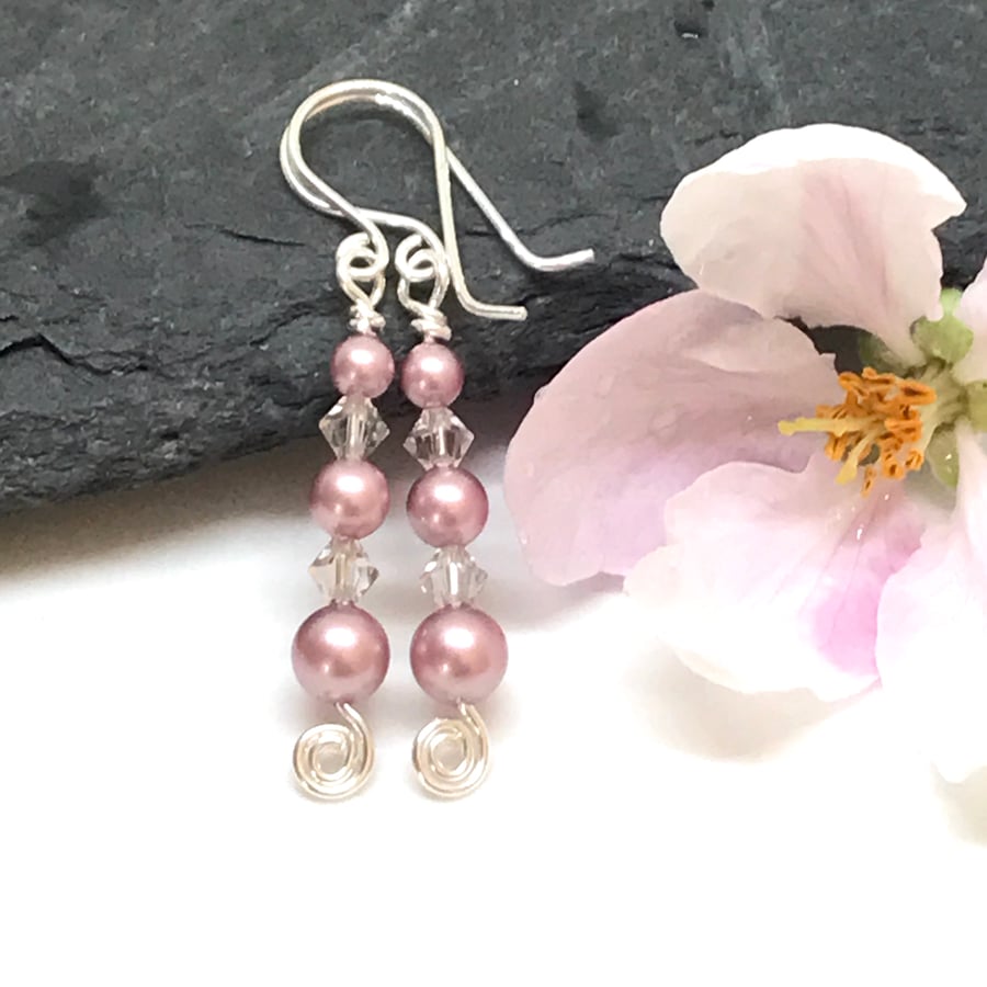 Sterling Silver Pink Pearl Earrings,Gift For Her