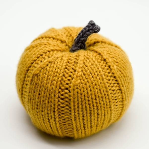 SOLD - Hand knitted pumpkin pin cushion Ochre Yellow and Grey