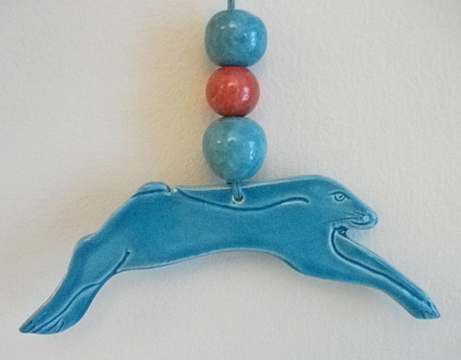 Turquoise Hare decorative ceramic hanger with 3 beads