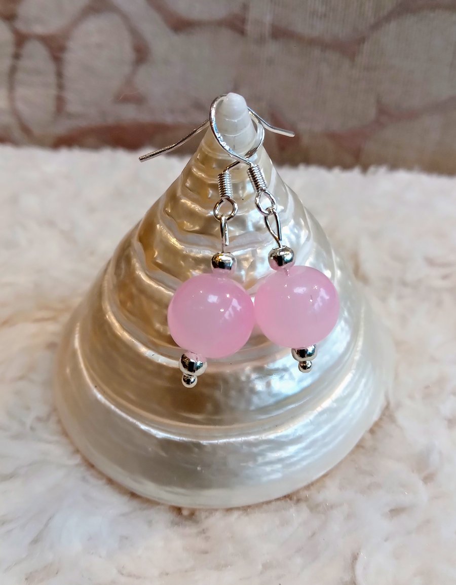 Lovely smooth ROSE QUARTZ orb beads & Tibetan silver on 925 silver EARRINGS
