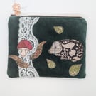Green velvet zipped pouch with Hedgehog and toadstool in sari silk