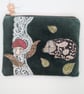 Green velvet zipped pouch with Hedgehog and toadstool in sari silk