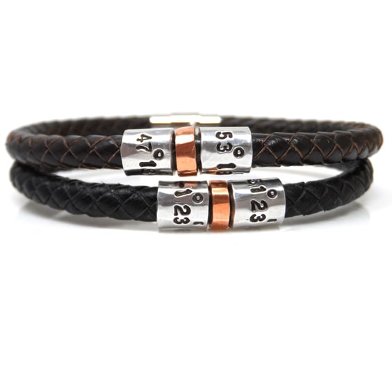 Leather Personalised Coordinates Bracelet, Latitude Longitude  - Free Delivery