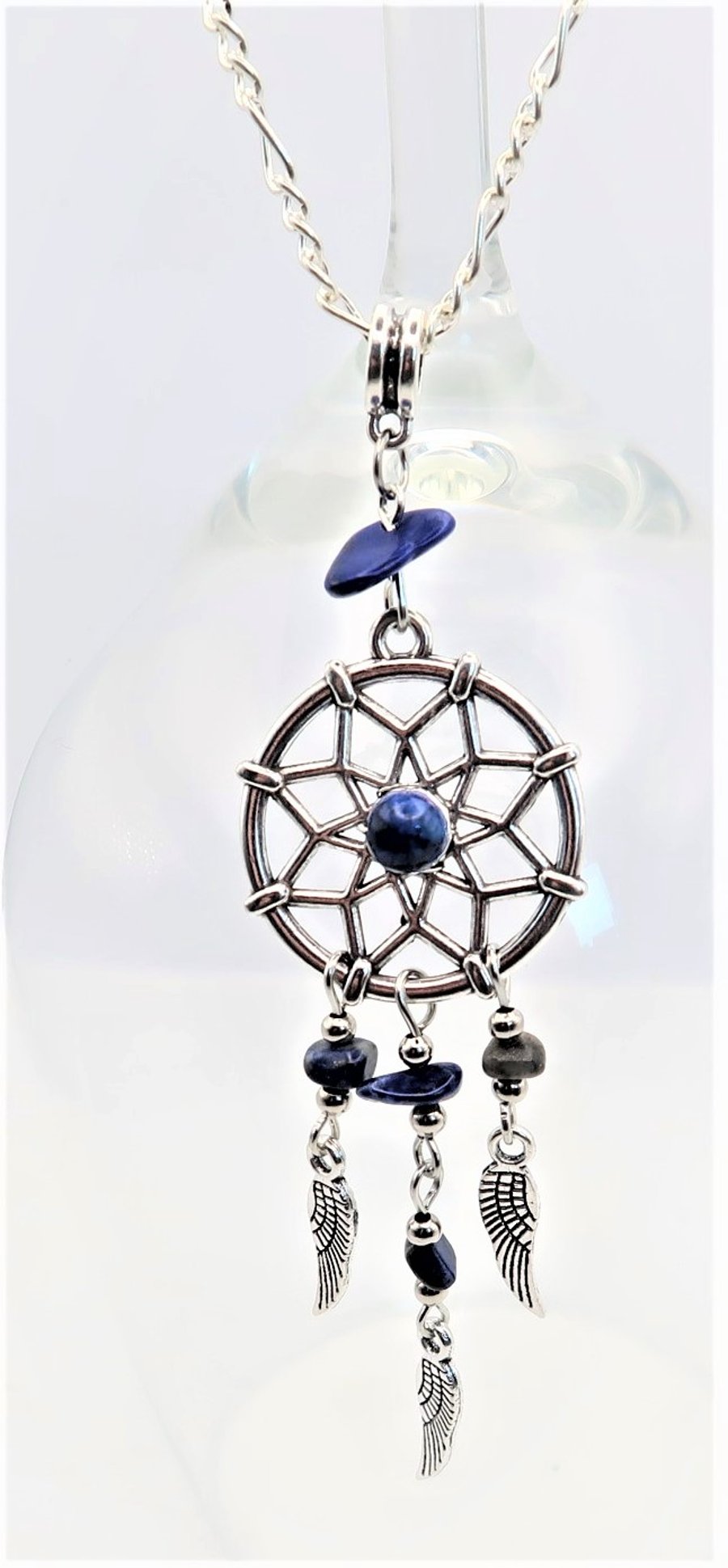Lapis Lazuli Dreamcatcher Pendant on Silver Chain. Protects from Negative Energy