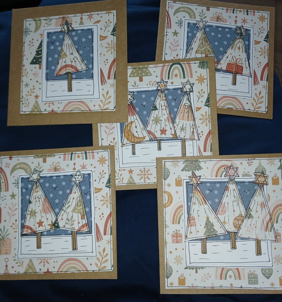 Quirky art whimsical handmade unique Set of 5  paper christmas trees cards