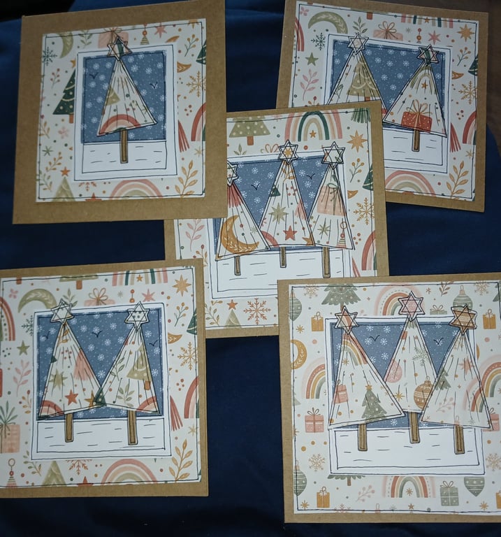 Quirky art whimsical handmade unique Set of 5  paper christmas trees cards