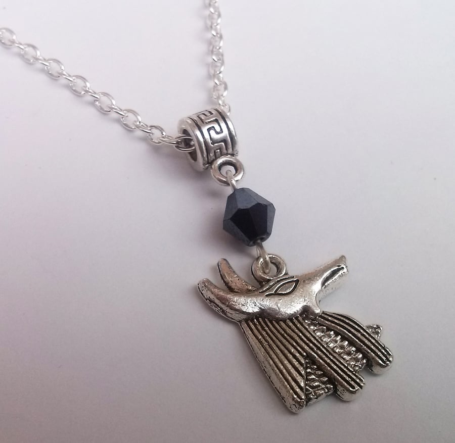 Silver Plate Black Crystal Anubis Egptian God Necklace