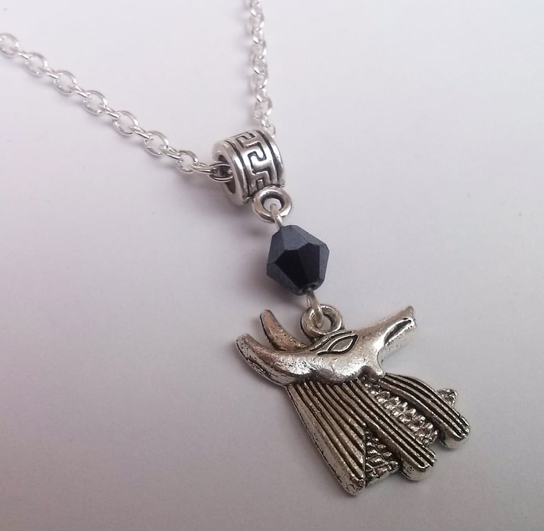 Silver Plate Black Crystal Anubis Egptian God Necklace