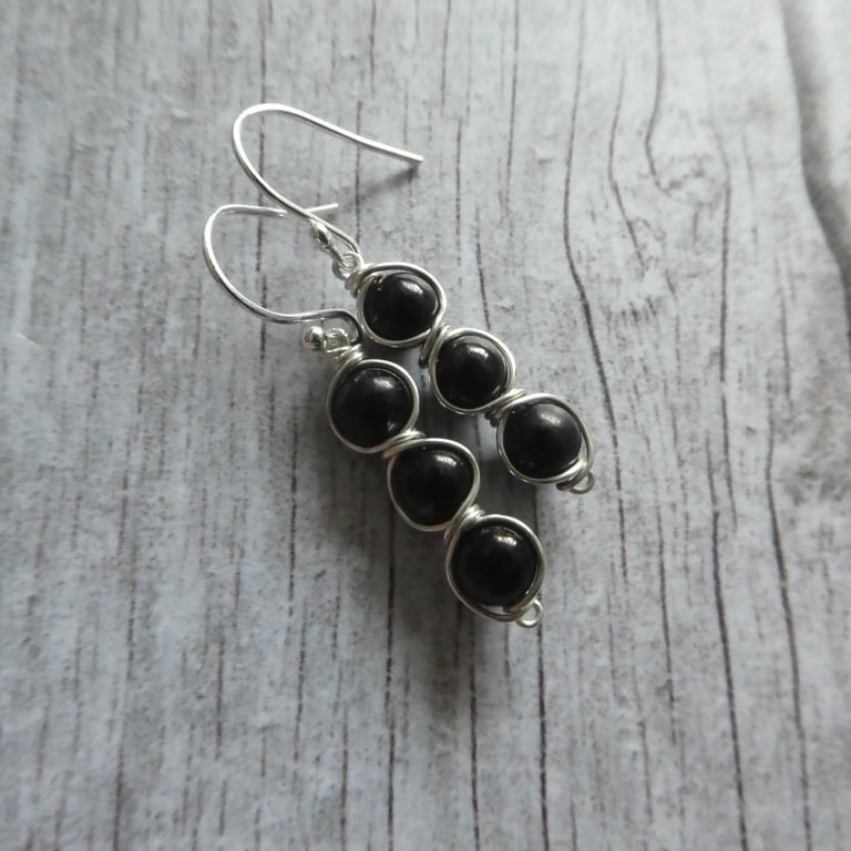 Jet sterling silver earrings, jet and silver drop earrings, black earrings