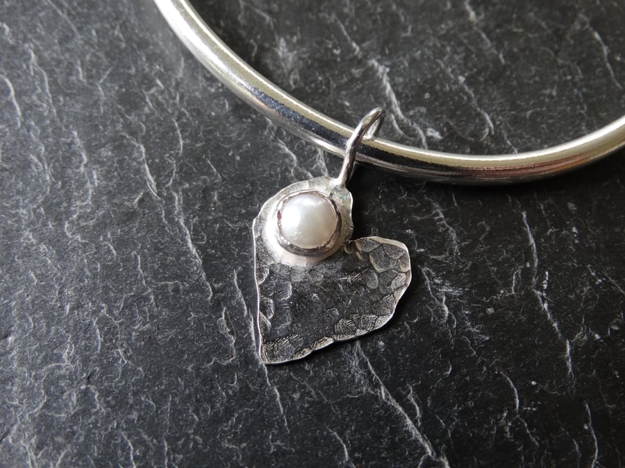 Sterling silver heart bangle with pearl