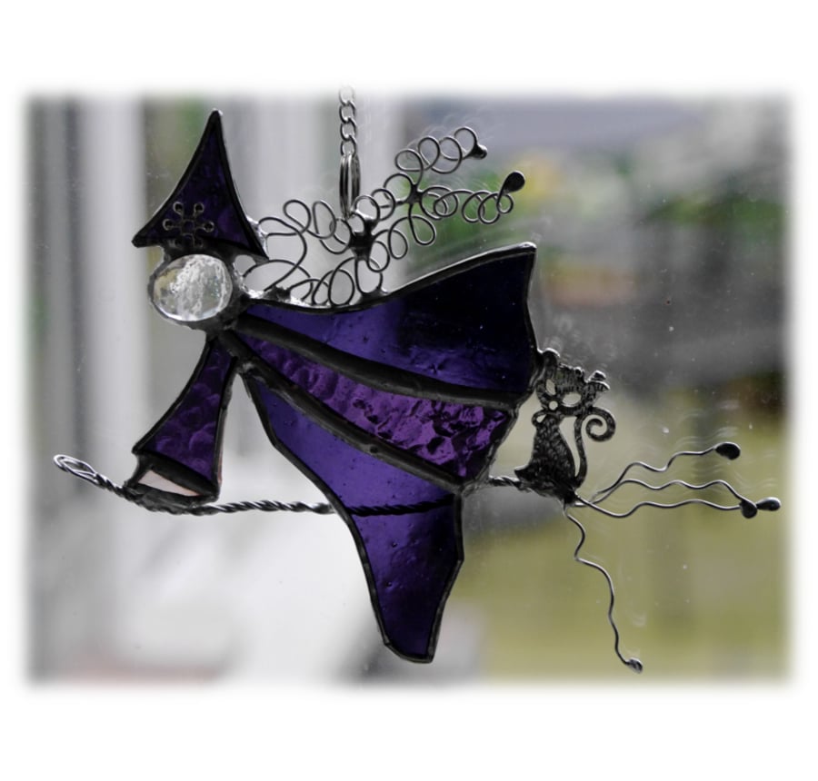  Witch on Broomstick Suncatcher Stained Glass 035 Purple