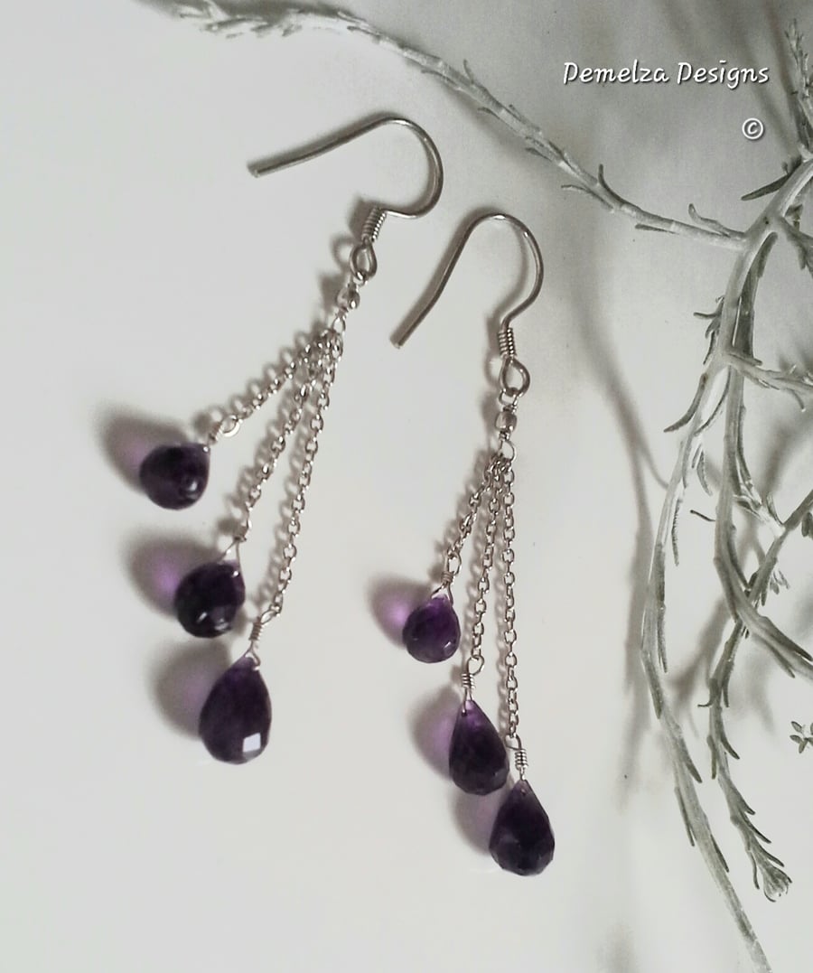 AAA Grade Briolette Cut  Zambian Amethyst Faceted Drop Sterling Silver earrings