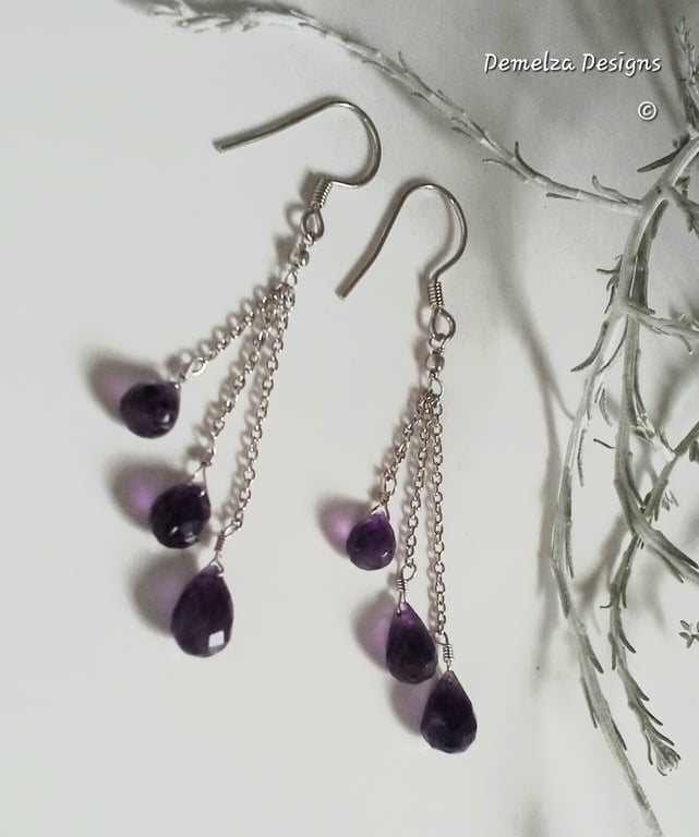 AAA Grade Briolette Cut  Zambian Amethyst Faceted Drop Sterling Silver earrings