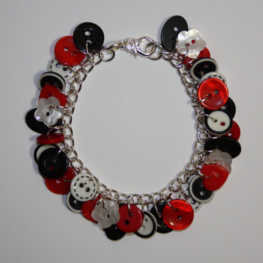 Red, Black and White button charm bracelet  