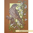 A Mistle Thrush with Mistletoe original drawing, small artwork, bird wall art