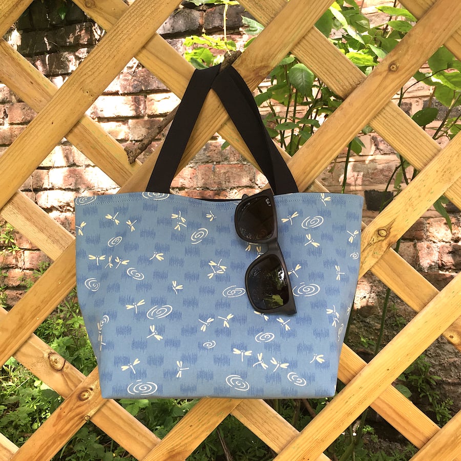 Light Blue Japanese Fabric with Dragonflies Tote Bag Small Size