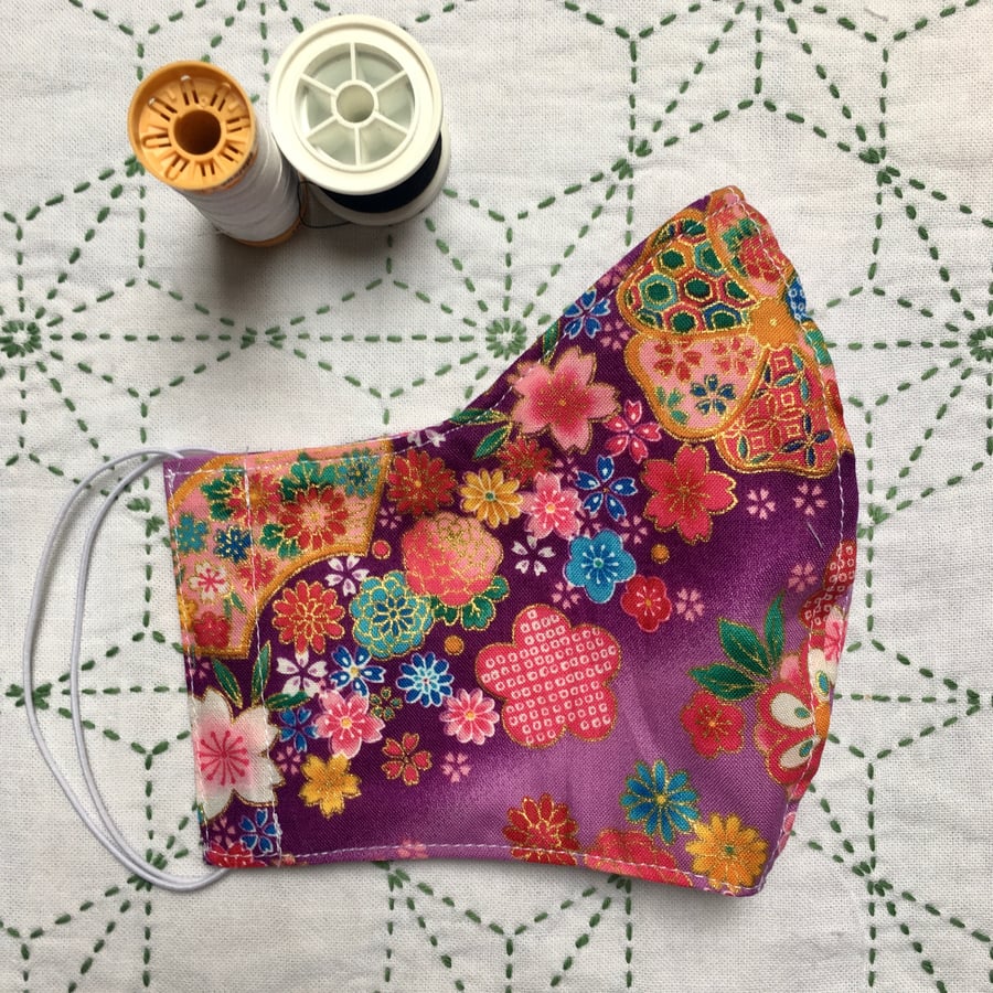 Japanese Flowers Cotton Face Mask with Nose Wire & Pocket Adult Child Reusable