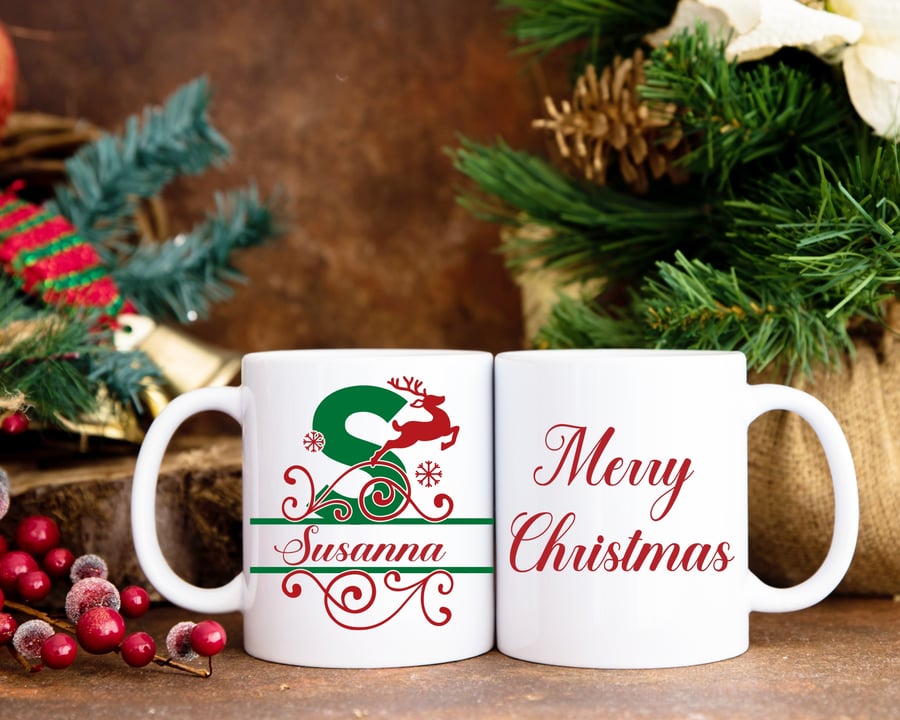 Personalised Christmas mug, reindeer initial name and message, Stocking filler