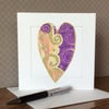 Gold and purple patterned handmade heart Art Card. 