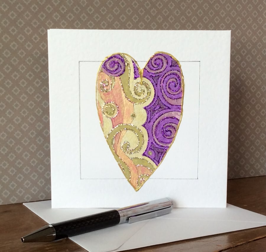 Gold and purple patterned handmade heart Art Card. 