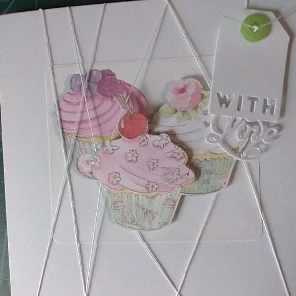 Three cupcakes decoupage with love card