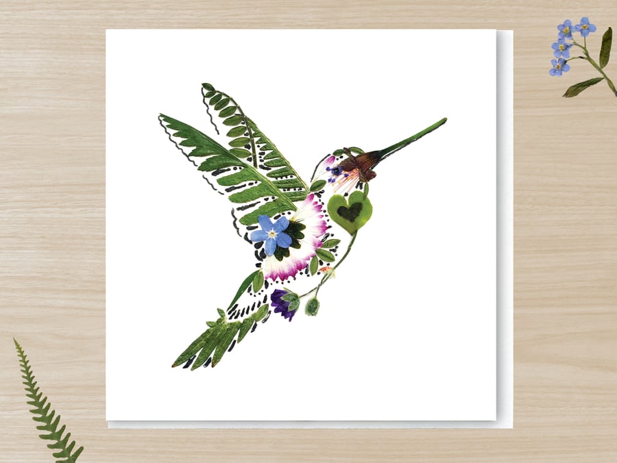 Hummingbird, Pressed Flower Print card, 