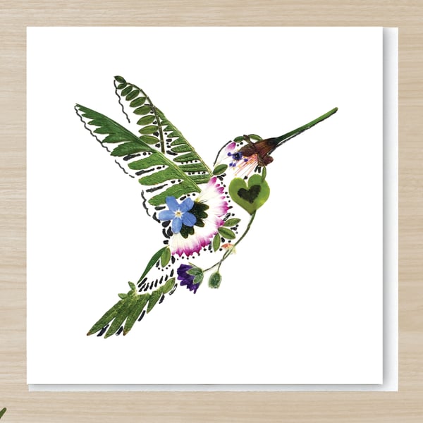 Hummingbird, Pressed Flower Print card, 