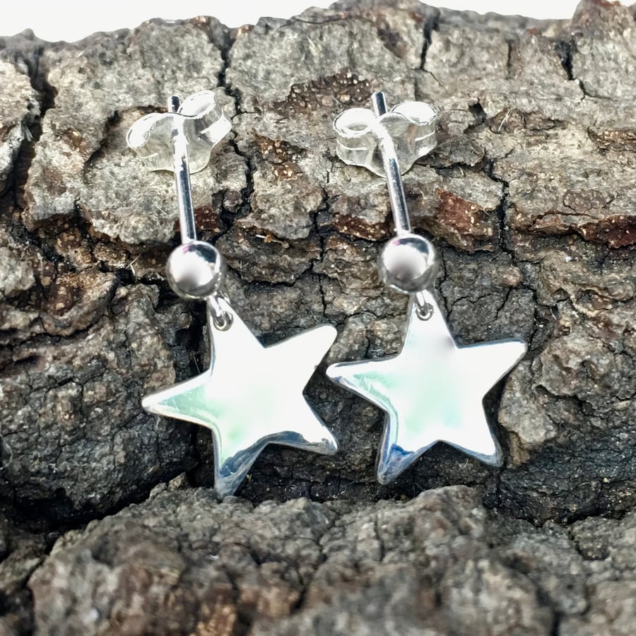 925 Silver Star Earrings, sterling silver drop earrings. Posts.