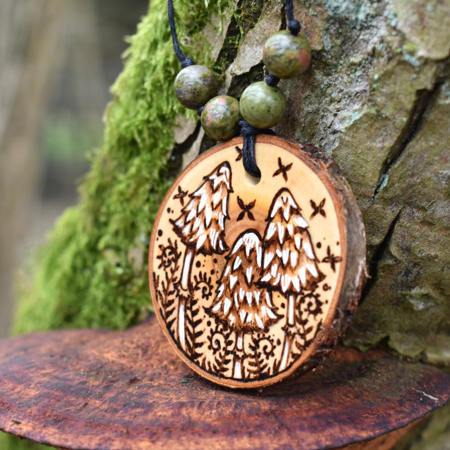 Shaggy Ink caps pyrography pendant. Rustic fungi branch slice necklace. 