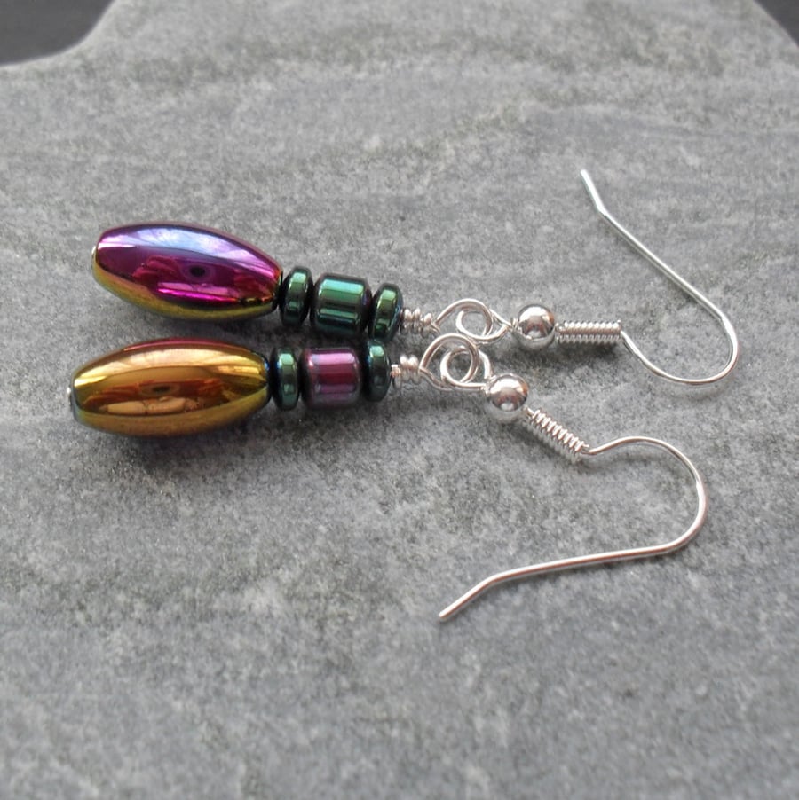 Rainbow Haematite Drop Earrings Silver Plate