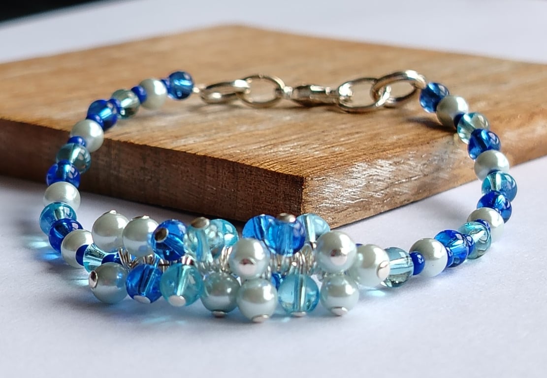 Ocean Mist Blue Cluster Bracelet - Handmade Glass Jewellery, Gift for Her