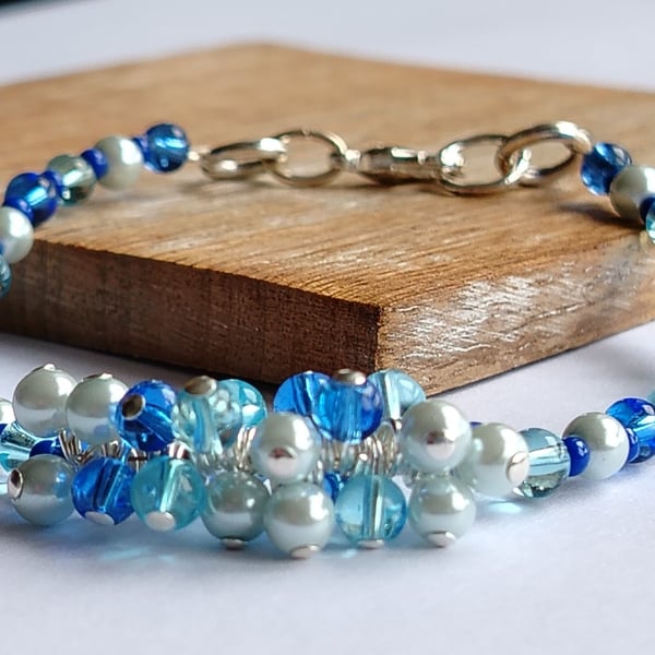 Ocean Mist Blue Cluster Bracelet - Handmade Glass Jewellery, Gift for Her