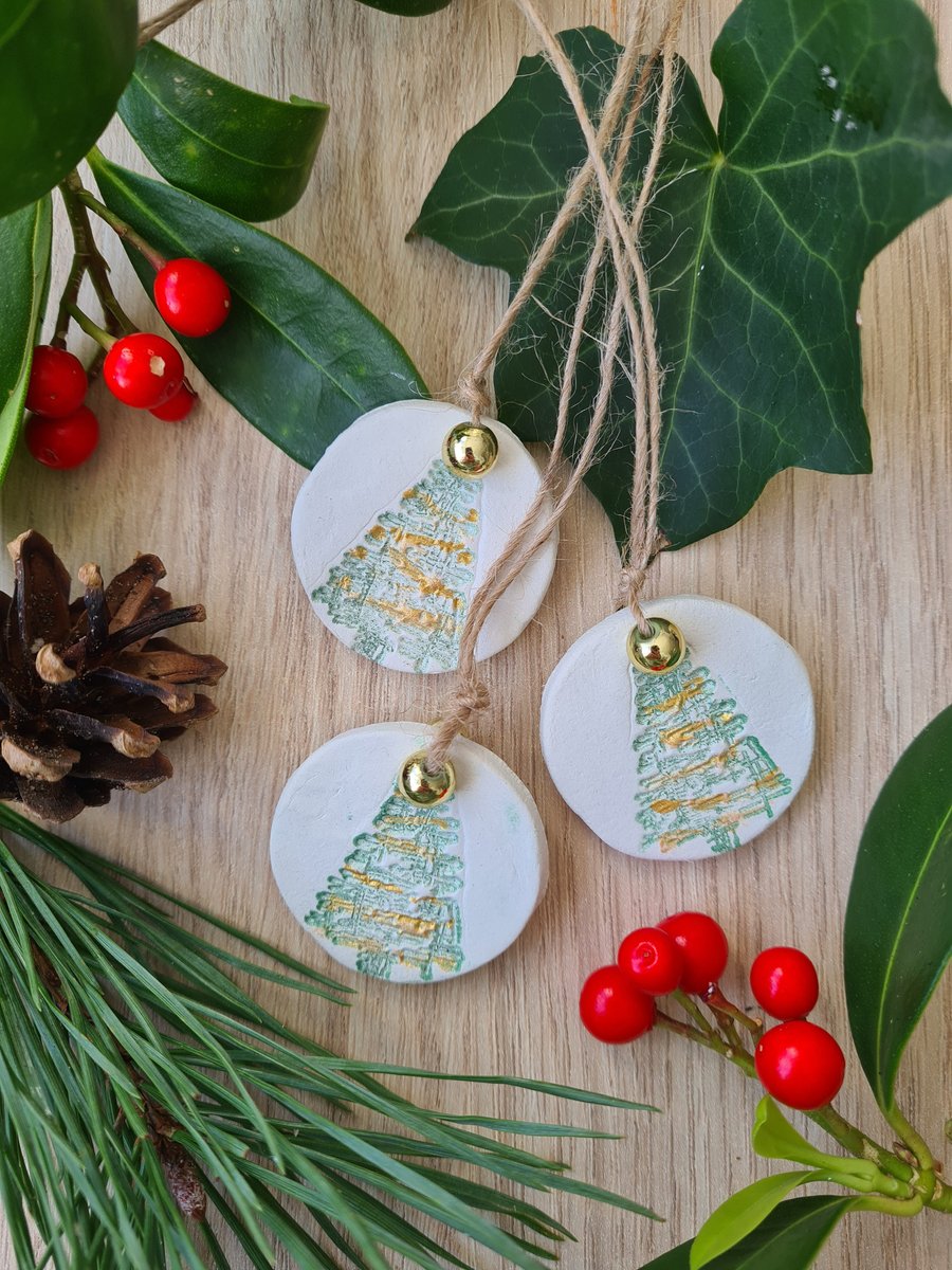 3 christmas tree round clay hanging decorations gold accents gift idea