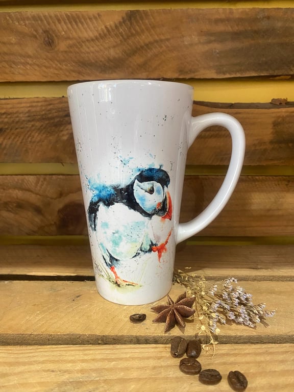 Puffin Latte Mug, Large 17oz Ceramic Coffee Mug, Colourful Wildlife Art Mugs by 