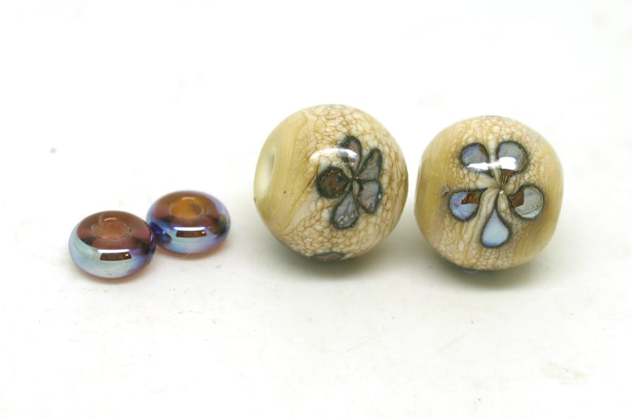 Round Ivory &  Purple Brown Flower Lampwork Bead Pair