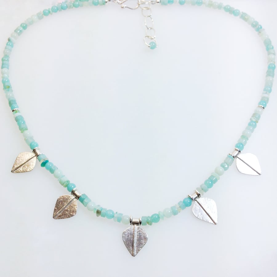 Silver and aqua blue amazonite and opal leaf spear necklace