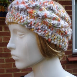 Hand Knitted Chunky Yarn Headband With Cable Pattern Multi Coloured (R517)