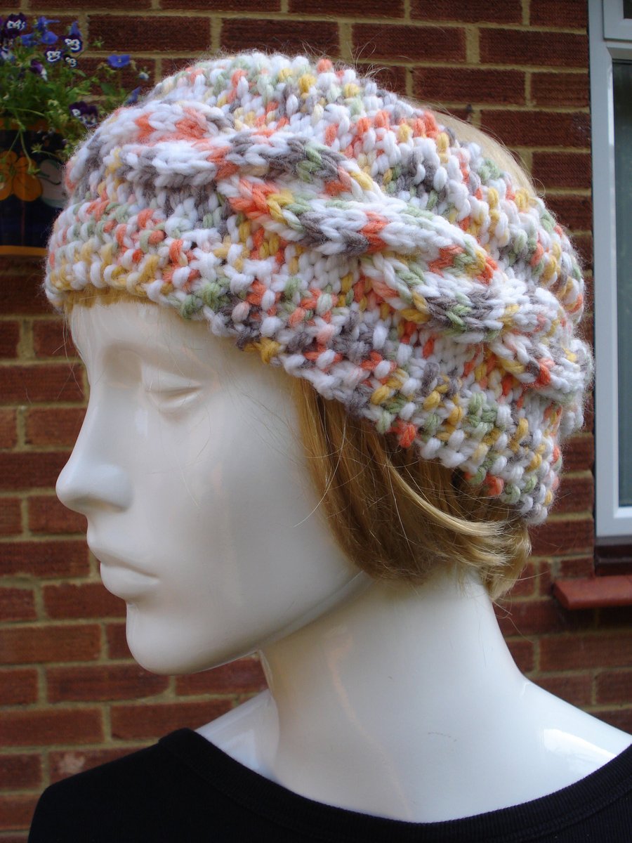 Hand Knitted Chunky Yarn Headband With Cable Pattern Multi Coloured (R517)