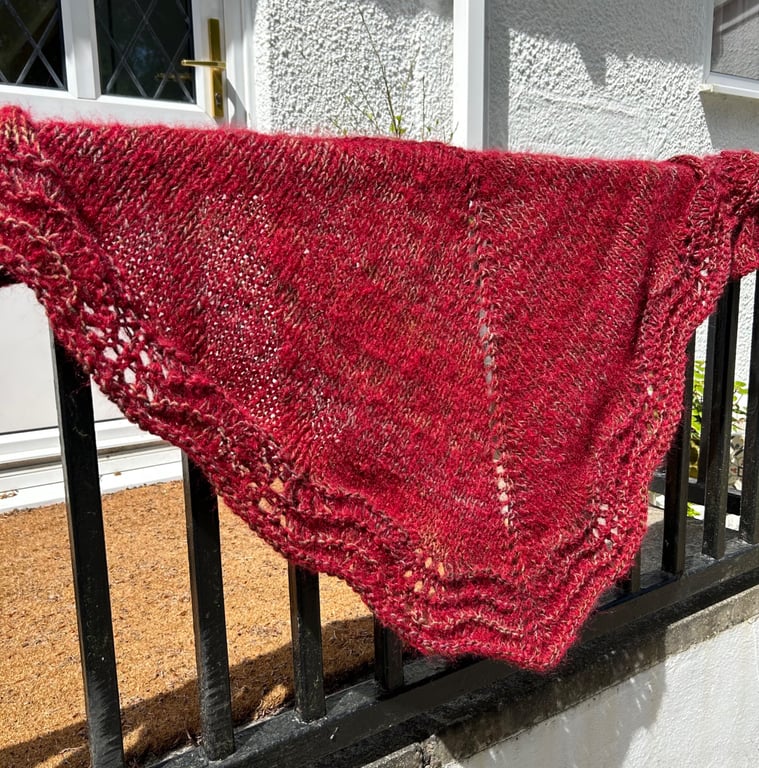 Halo Effect Red Mohair Hand Knitted Triangle Lace Shawl