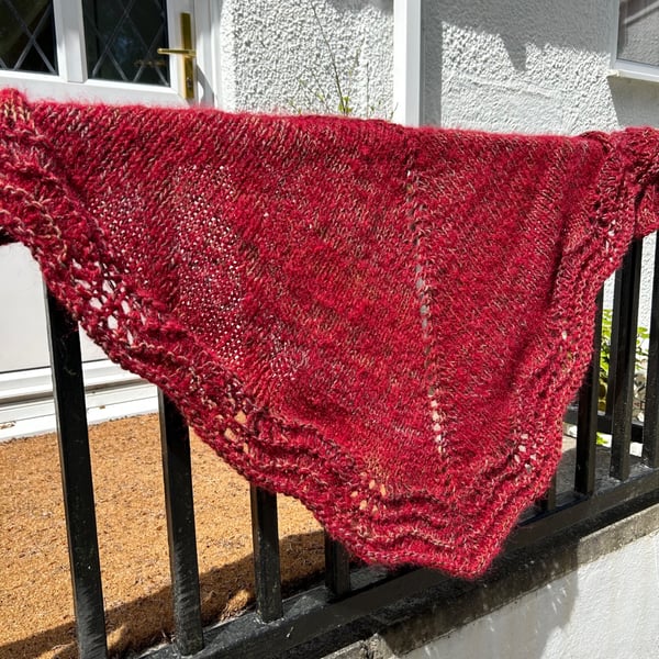 Halo Effect Red Mohair Hand Knitted Triangle Lace Shawl